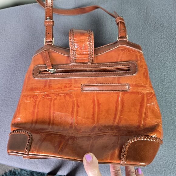 MC Crocodile Embossed Brown Leather Shoulder Bag Purse Silver Accent Structured - Picture 7 of 7